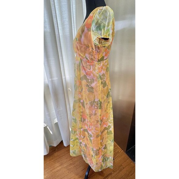 Vintage 1970s maxi dress, orange green pink floral, sheer short puff sleeves - Picture 4 of 10